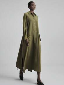 Ontre Urban Chic Style, Minimalist Comfort, Olive Green, Women's Long Dress, Flared Skirt, Stand Collar, Waist Cinched, Patch Pockets, Casual Dress, Relaxed Fit, Autumn Wear, Back To School, Business Casual, Commuter Outfit, 2025 New Arrival Modern Urban Casual Fashion Business Casual Women's Office Wear Low-Key Old Money Style Effortless Temperament High-End Urban Commuting High-Quality Airport Women's Wear High-End Material