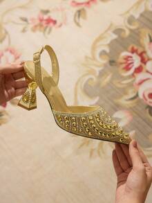 CUCCOO TILAWA Women's Fashion Party Rhinestone Heeled Pumps - Gold - View 3