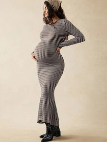 Boho Mama 孕妇条纹圆领长袖鱼尾下摆修身优雅连衣裙 - 棕色 - 查看 7