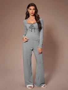 SHEIN Lazeform Casual Lace Trim Drawstring Lounge Set, Fall Winter Clothes, Cozy Outfit - Grey - View 1