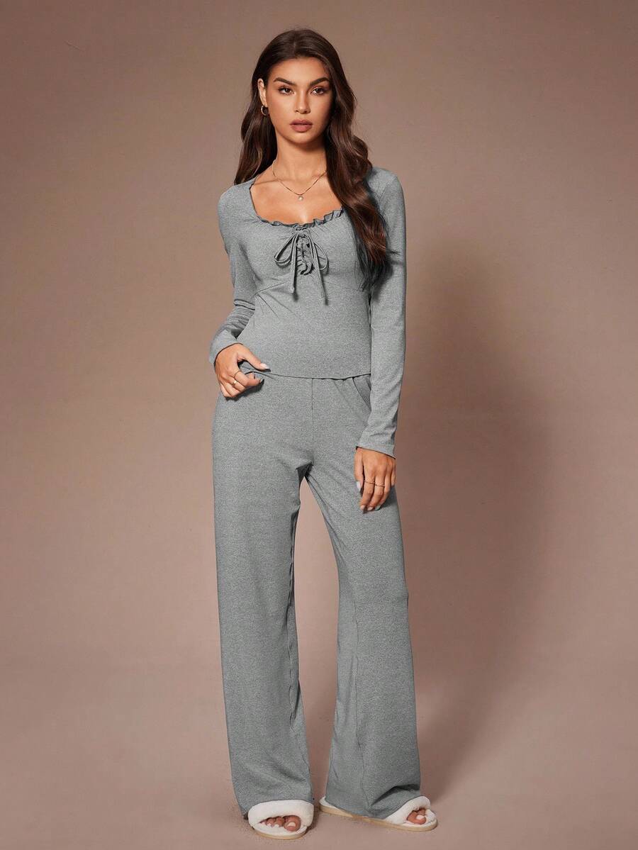 SHEIN Lazeform Casual Lace Trim Drawstring Lounge Set, Fall Winter Clothes, Cozy Outfit - Grey - View 1