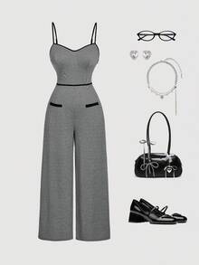SHEIN MOD Plus Size Retro Elegant Contrast Color Trim Black & White Houndstooth Jumpsuit. Outfit - Black and White - View 1