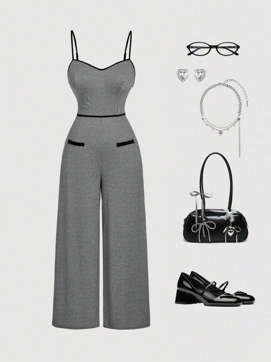 SHEIN MOD Plus Size Retro Elegant Contrast Color Trim Black & White Houndstooth Jumpsuit. Outfit - Black and White - View 1