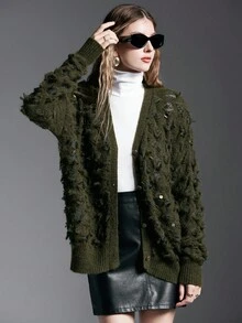 MYSTAURA 女式休闲时尚街头风格破洞拼布亮片纽扣前开衫，秋冬 - 綠色 - 查看 4