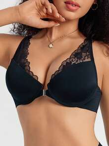 SHEIN 1pc Women's Solid Color Lace Patchwork Front Closure Underwire Bra - Black - View 1