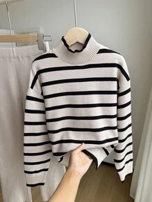 SHEIN Sparklyn 2 件套青少年女童毛衣套装，简约撞色高领毛衣和裤子，条纹宽松针织套头毛衣和裤子，适合 2025 年秋季新品