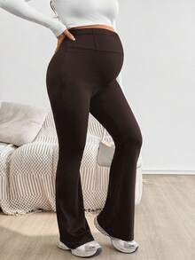 SHEIN Maternity Adjustable Waist Skinny Flared Long Pants With Super High Waist Maternity Pants Flared Leggings For Women Pregnancy Clothes Pregnancy Pants Brown Bottoms Women - Coffee Brown - View 7