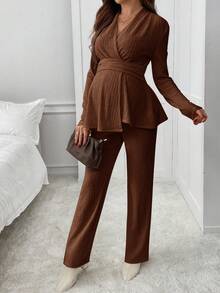 SHEIN 2件套孕妇休闲纯色长袖上衣和裤子套装 - 棕色 - 查看 6