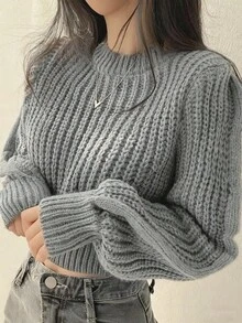 INAWLY Áo len dài tay tối giản màu trơn thường ngày dành cho nữ - Xám - Xem 3