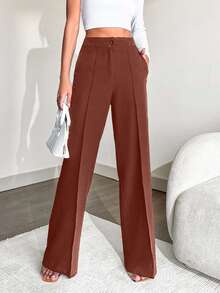 EURMUSE Women's Solid Color High Waist Straight Leg Suit Pants, Office Wear - Rust Brown - View 1