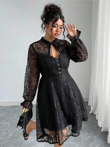 SHEIN Tall CURVE Đầm ren dài tay phong cách Pháp thanh lịch dành cho nữ cỡ lớn - màu đen - Xem 4