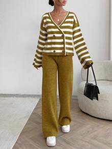 EURMUSE Women Stripe Pattern Front Button V-Neck Drop Shoulder Cardigan & Sweater Pants Set - Mustard Yellow - View 3