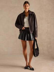 SHEIN BAE 女士纯色简约休闲拉链长袖夹克秋冬女装 - 咖啡棕 - 查看 3