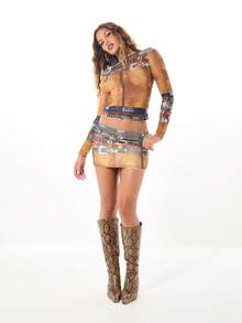 SUMWON WOMEN Vintage Western Belt Print Long Sleeve Two Piece Co-Ord Set With Distressed Look For Festival And Party - Crop Top And Mini Skirt Set - Multicolor - View 3