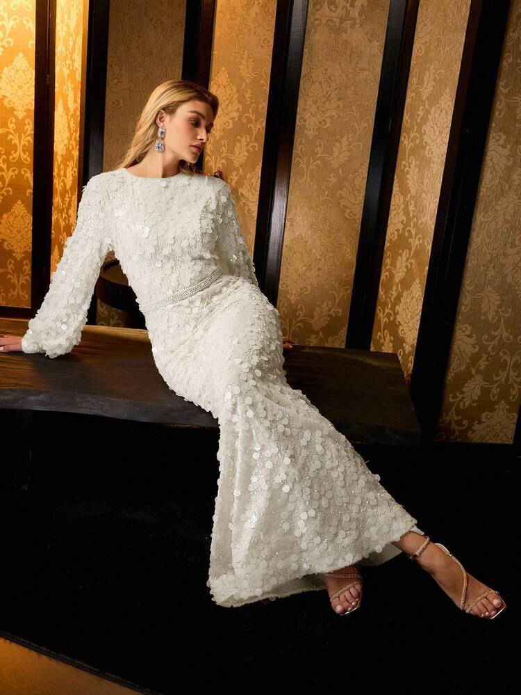 MOTF Soiréza ELEGANTE VESTIDO LARGO CON LENTEJUELAS, MANGAS DE FAROL, DISEÑO DE CINTURA CON PERLAS Y BAJO DE COLA DE SIRENA - PERFECTO PARA EVENTOS DE GALA Y OCASIONES DE ETIQUETA NEGRA