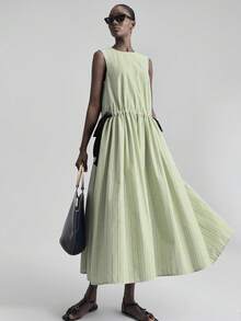 Ontre Women's Summer Simple Striped Loose Drawstring Waist Long Dress, Military Green, Suitable For Teachers, Urban Intellectual, Bowknot Strap Beach Holiday Outfit, Island Resort Bohemian Dress, Music Festival, Halloween, Christmas Party, Elegant Country Music Concert Dress