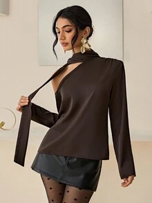 Lyxana Women's Autumn/Winter Mirrored Brown Off-Shoulder Sexy & Elegant Flared Sleeve Blouse - Chocolate Brown - View 3
