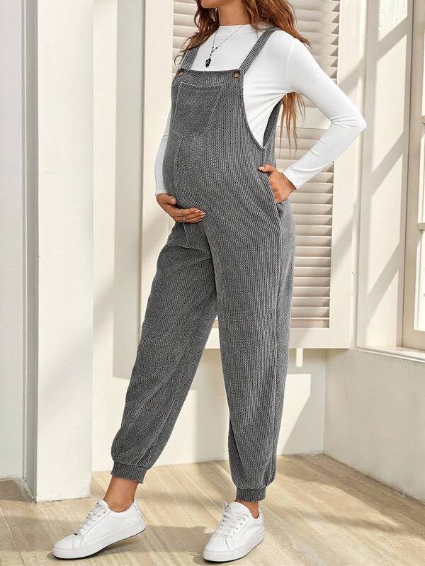 SHEIN Maternity Women Fleece Jumpsuit With Pockets & Button, Solid Color Halloween Jumpsuit, For Winter