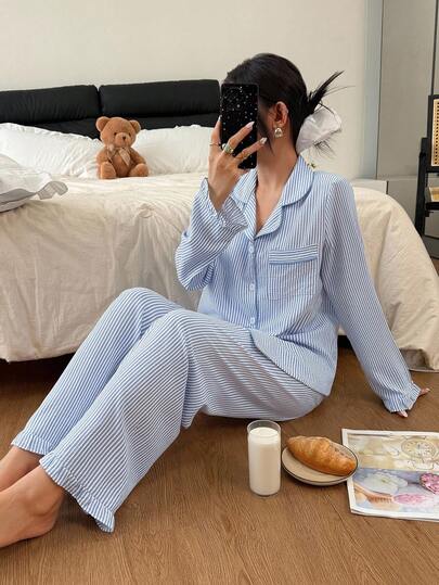 Bubble Textured Gestreepte Top Pants Pajama Set Night Wing Two Pieces Sleepwear Sleep Wear Women Blauw Pyjama Woman Verlichting Pj Set, Fall Clothes view 5