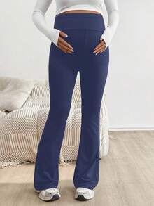 SHEIN Maternity Adjustable Waist Skinny Flared Long Pants With Super High Waist - Blue - View 6