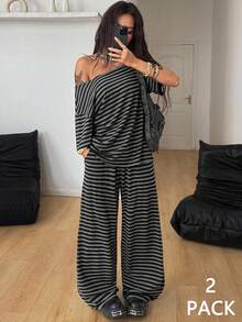 Coolane Women's Fall Streetwear Basic Daily Wear Going Out Sport Comfortable Off Shoulder Striped T-Shirt And Wide Leg Sweatpants Two Pieces Outfits - Multicolor - View 2