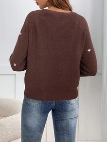 SHEIN Frenchy Áo khoác cardigan dài tay in hình trái tim thường ngày dành cho nữ mùa thu đông - Cà phê nâu - Xem 2