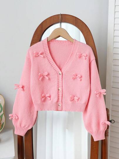 SHEIN Elladie kids קרדיגן קצר עם שרוולים ארוכים, רך, מינימליסטי, אלגנטי, קז'ואל, לבנות, מתאים לבית, לבוש יומיומי, לבית ספר, ליציאות, למסיבות, סתיו/חורף