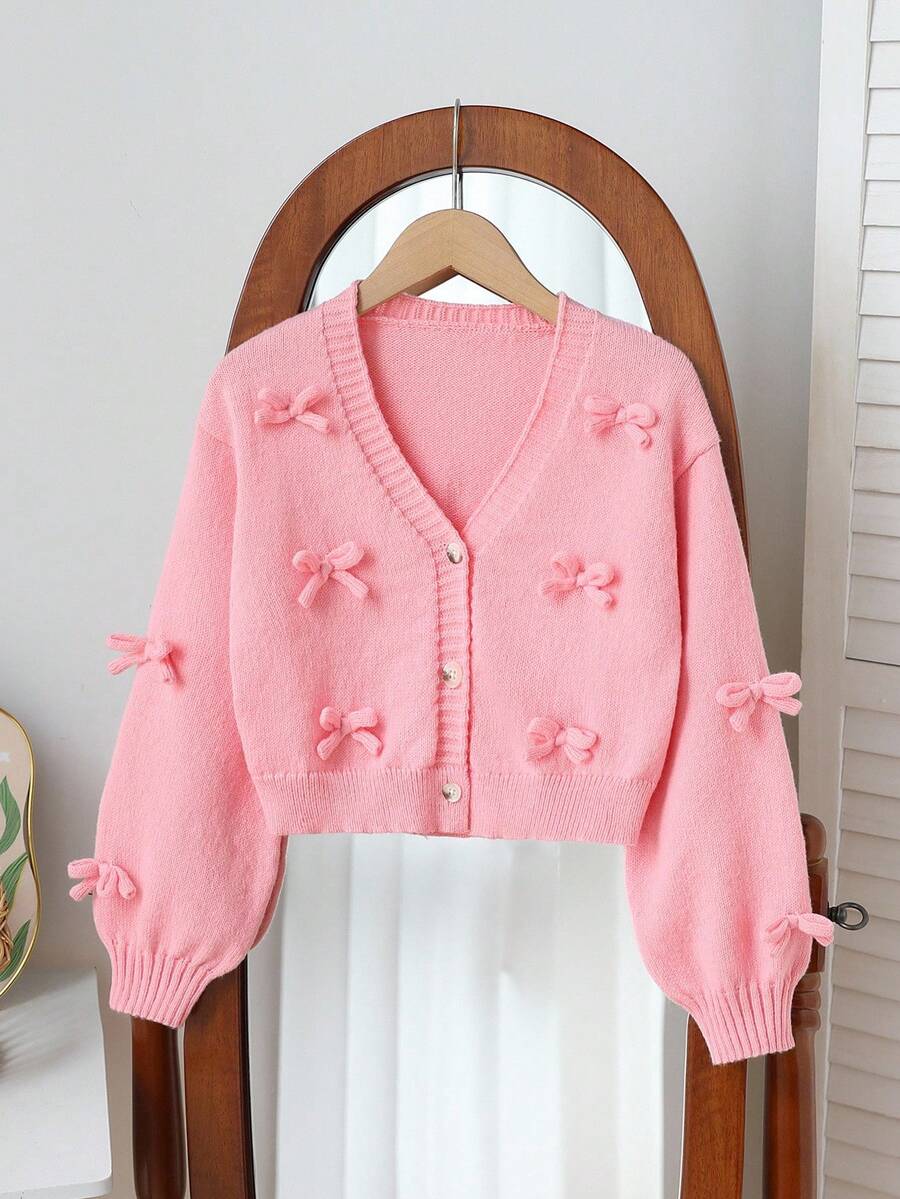 SHEIN Elladie kids 女孩休闲时尚可爱柔软简约优雅 3D 蝴蝶结长袖短款开衫毛衣,适合居家、日常穿着、上学、外出、派对、秋冬 - 粉色 - 查看 1