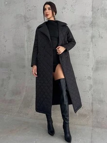 Firerie Women's Casual Everyday Commute Street Fashion Urban Chic Comfortable Turndown Collar Belt Double-Breasted Pocket Quilted Mid-Length Black Padded Coat, Autumn Winter Clothes For Women,Women's Winter Clothes - Black - View 3