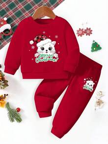 Conjunto de sudadera de cuello redondo de manga larga con estampado de gato navideño para bebé niña, estilo casual y versátil, adecuado para otoño/invierno/primavera, ligero y cómodo, ideal para usar en otoño/invierno, atuendo casual de moda, vuelta al colegio, reuniones, picnics al aire libre, fotografía callejera, campus, vacaciones, regalos - Rojo - Ver 3