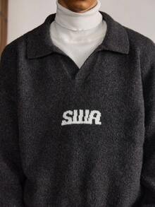 SWAVVY Men's Loose Fit Letter Pattern Wool Blend Drop Shoulder Casual Sweater, Autumn/Winter - Dark Grey - View 8