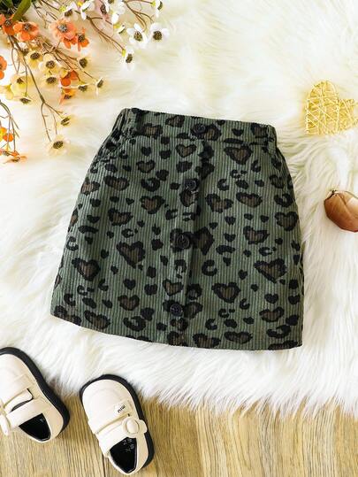 SHEIN Elladie kids 年轻女孩豹纹心形图案灯芯绒迷你裙