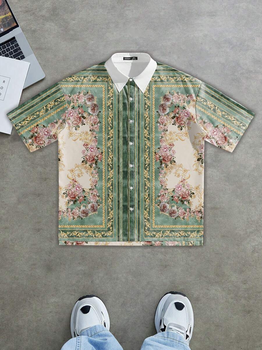 Manfinity ZONE917 男士休闲成熟奢华假日印花衬衫 - 彩色 - 查看 1