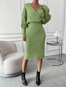 EMERY ROSE Vestido de punto con mangas de murciélago, bajo dividido y envolvente, conjunto de dos piezas de punto, conjunto de suéter y falda, conjunto de dos piezas de invierno - Verde - Ver 4