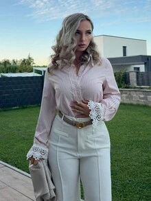 Jeta Ari Elegant Striped Splice Lace Decor Women's Blouse, Fashionable - Coral Pink - View 5