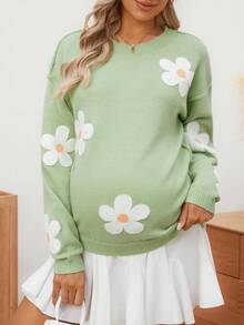 SHEIN Women Loose Fit Contrast Color Towel Embroidery Design Maternity Sweater, Long Sleeve Knitted Pullover For Autumn/Winter - Green - View 1