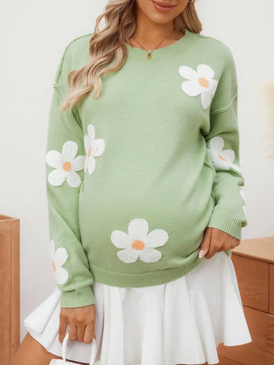 SHEIN Women Loose Fit Contrast Color Towel Embroidery Design Maternity Sweater, Long Sleeve Knitted Pullover For Autumn/Winter - Green - View 1