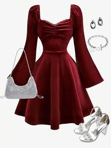 Girlism Tween Girls Sweetheart Neckline Ruffle Bust Pleated Flare Sleeve Velvet Autumn Dress, Winter, Y2K, Red - Burgundy - View 1