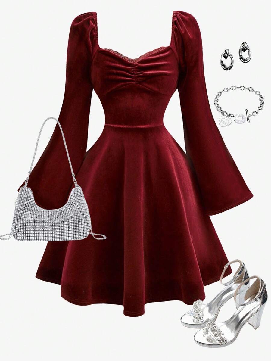 Girlism Tween Girls Sweetheart Neckline Ruffle Bust Pleated Flare Sleeve Velvet Autumn Dress, Winter, Y2K, Red - Burgundy - View 1