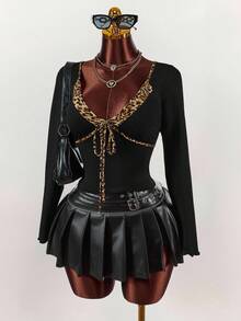 Amplova Y2K Black Leopard Print Contrast Heart Chest Tie Strap Bodycon Long Sleeve Sexy Blouse For Women - Multicolor - View 3