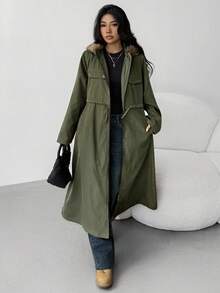 SHEIN Teens Girls' Loose Casual Minimalist Comfortable Hooded Thermal Lined Warm Cinched Waist Long Jacket