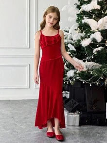 SHEIN Tween Girls Casual & Comfy Solid Burgundy Elegant Asymmetrical Hem Tank Top & Mermaid Skirt 2-Piece Set, Red Outfit, Christmas Party Outfit Velvet Christmas Outfits, Christmas Party Dress, Christmas Skirt Set Christmas Outfits Fitted Mermaid Skirt 2 Pieces Set Red Skirt Skirt And Top Skirt Outfit Set - Burgundy - View 9