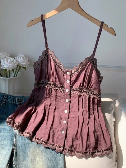 Comfortcana Women's Solid Color Contrast Lace Single-Breasted Casual Camisole Shirt