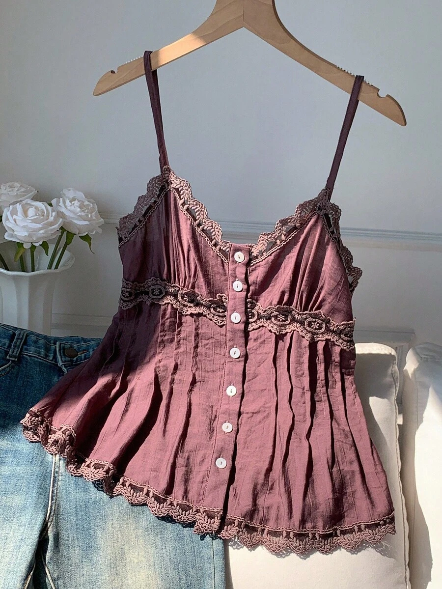 Comfortcana 女士纯色撞色蕾丝单排扣休闲吊带背心衬衫 - 棕色 - 查看 1