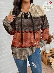 SHEIN LUNE Plus Size Women's Brown Autumn Boho Hiking Thanksgiving Maillard Color Striped Print Casual Loose Fit Hooded Long Sleeve Sweatshirt Fall Tops - Multicolor - View 1