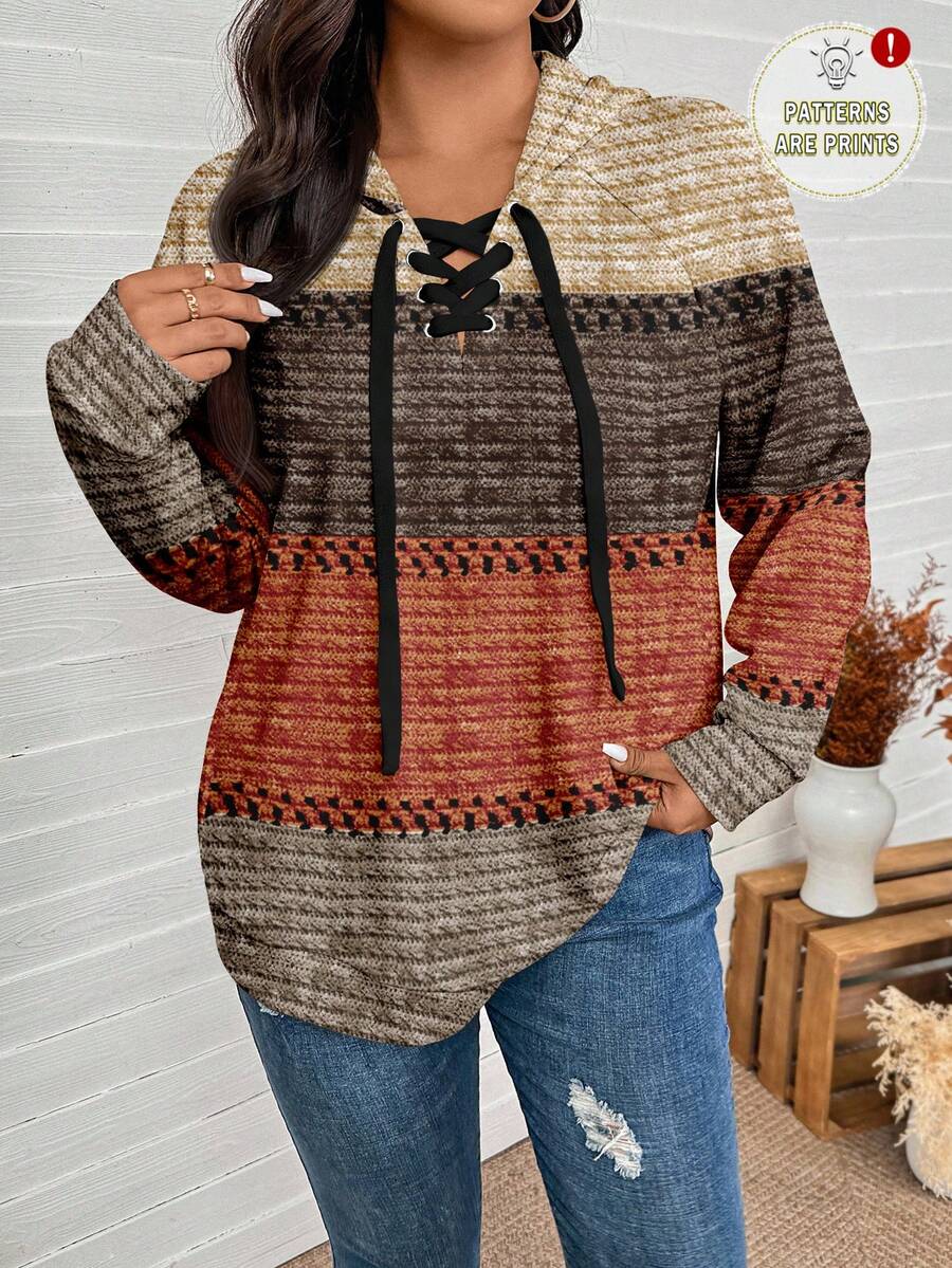 SHEIN LUNE Plus Size Women's Brown Autumn Boho Hiking Thanksgiving Maillard Color Striped Print Casual Loose Fit Hooded Long Sleeve Sweatshirt Fall Tops - Multicolor - View 1