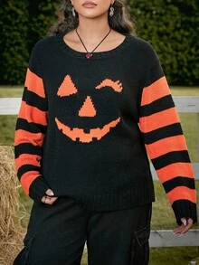 SHEIN EZwear Chandail à imprimé expression citrouille mignonne en grande taille pour le début de l'automne/Halloween - Multicolore - Voir 7
