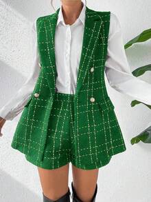 SHEIN LUNE Women's Casual Commute Daily Plaid Notched Collar Vest And Shorts Set - Green - View 5
