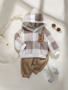 Playful Pals 幼儿男童休闲格子连帽拉链运动衫和松紧腰裤套装，冬季 - 卡其色 - 查看 7
