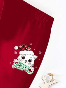 Conjunto de sudadera de cuello redondo de manga larga con estampado de gato navideño para bebé niña, estilo casual y versátil, adecuado para otoño/invierno/primavera, ligero y cómodo, ideal para usar en otoño/invierno, atuendo casual de moda, vuelta al colegio, reuniones, picnics al aire libre, fotografía callejera, campus, vacaciones, regalos - Rojo - Ver 6